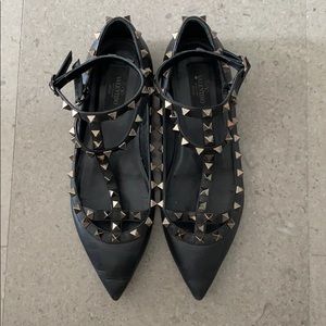 Valentino Leather Rockstud Pointed Toe Strap Flat